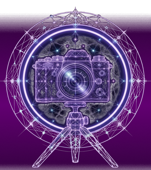 Wireframe illustration of a camera on a tripod inside a glowing geometric sphere.